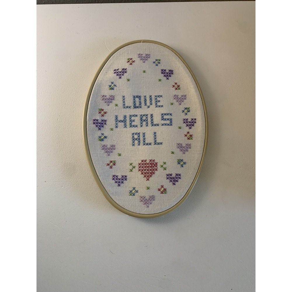 Cross stitch completed finished hand made “Love Heals All”